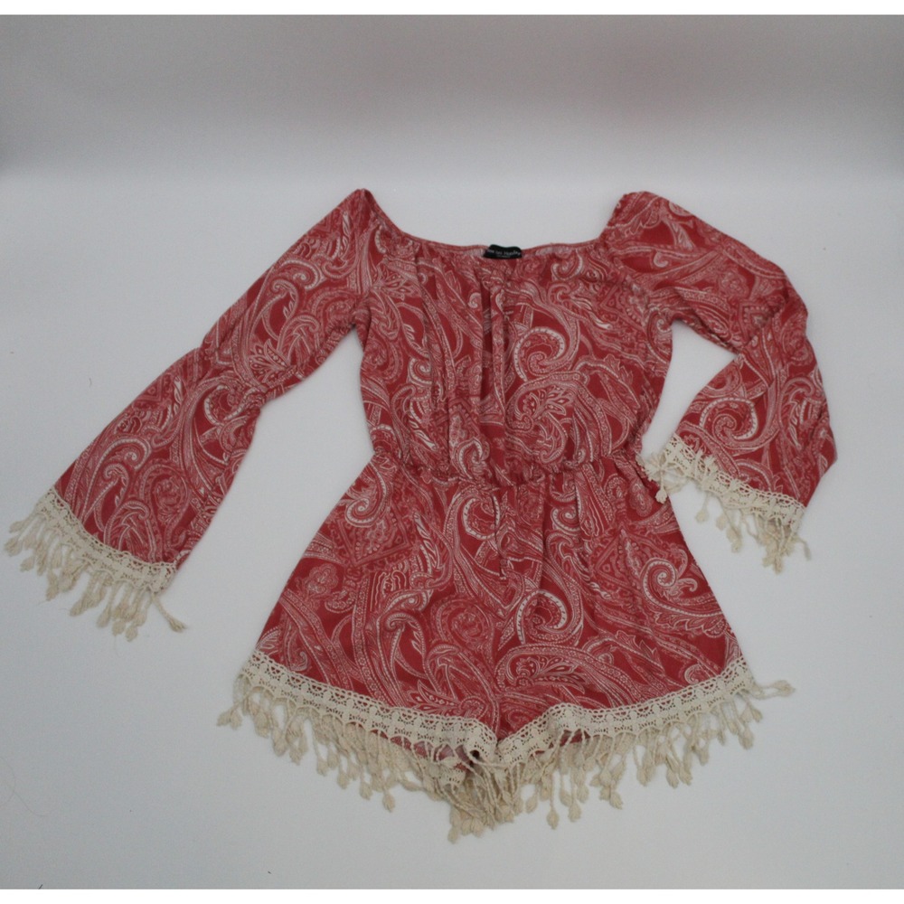 See You Monday Terrecotta Paisley Boho Romper Bell Sleeve Lace Tassel Fringe Med